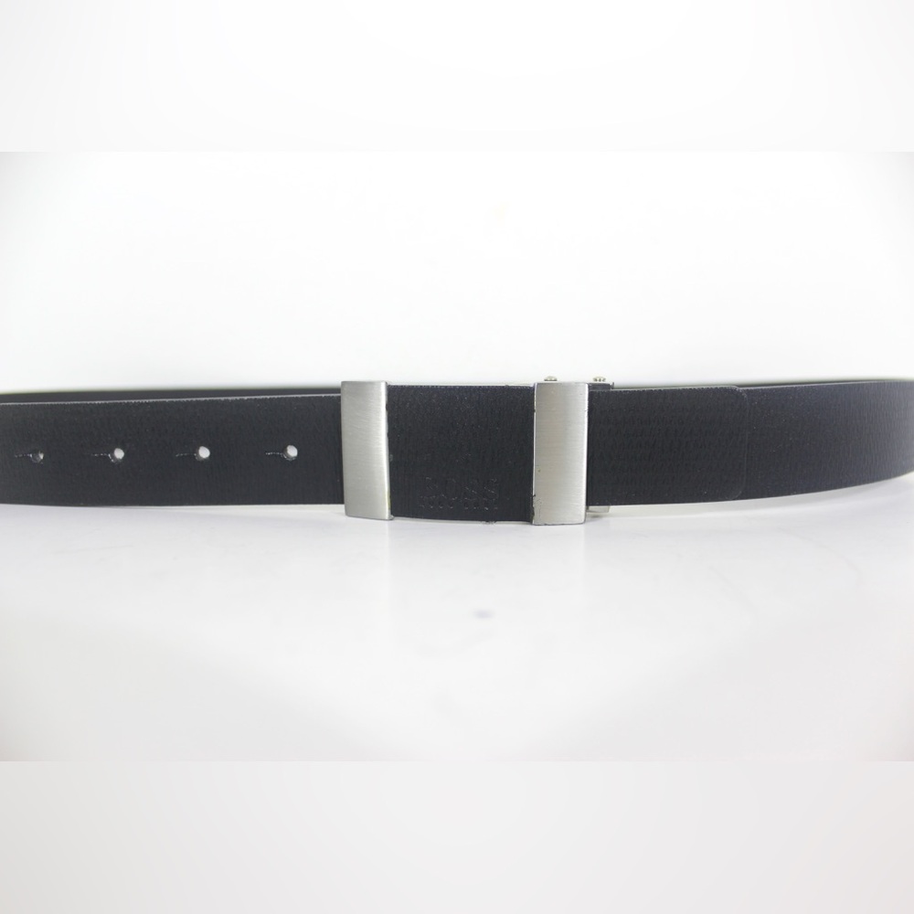 Black Textured Leather Men’s Belt with a Self Covered Leather and Silver Metal